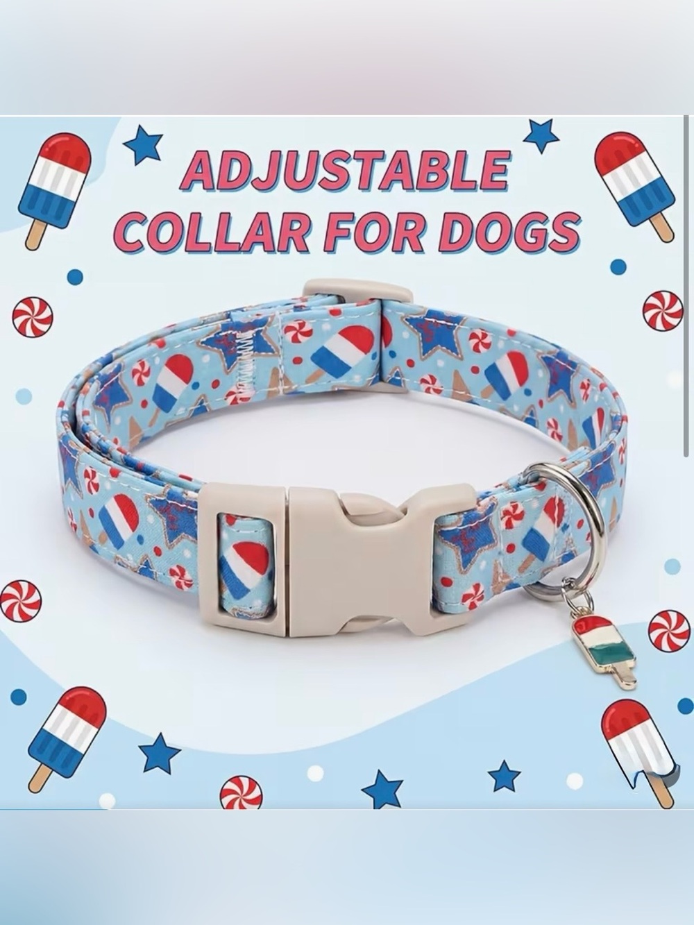 Light Blue Bomb Pop Pattern Dog Collar. Size Small - Picture 2 of 6